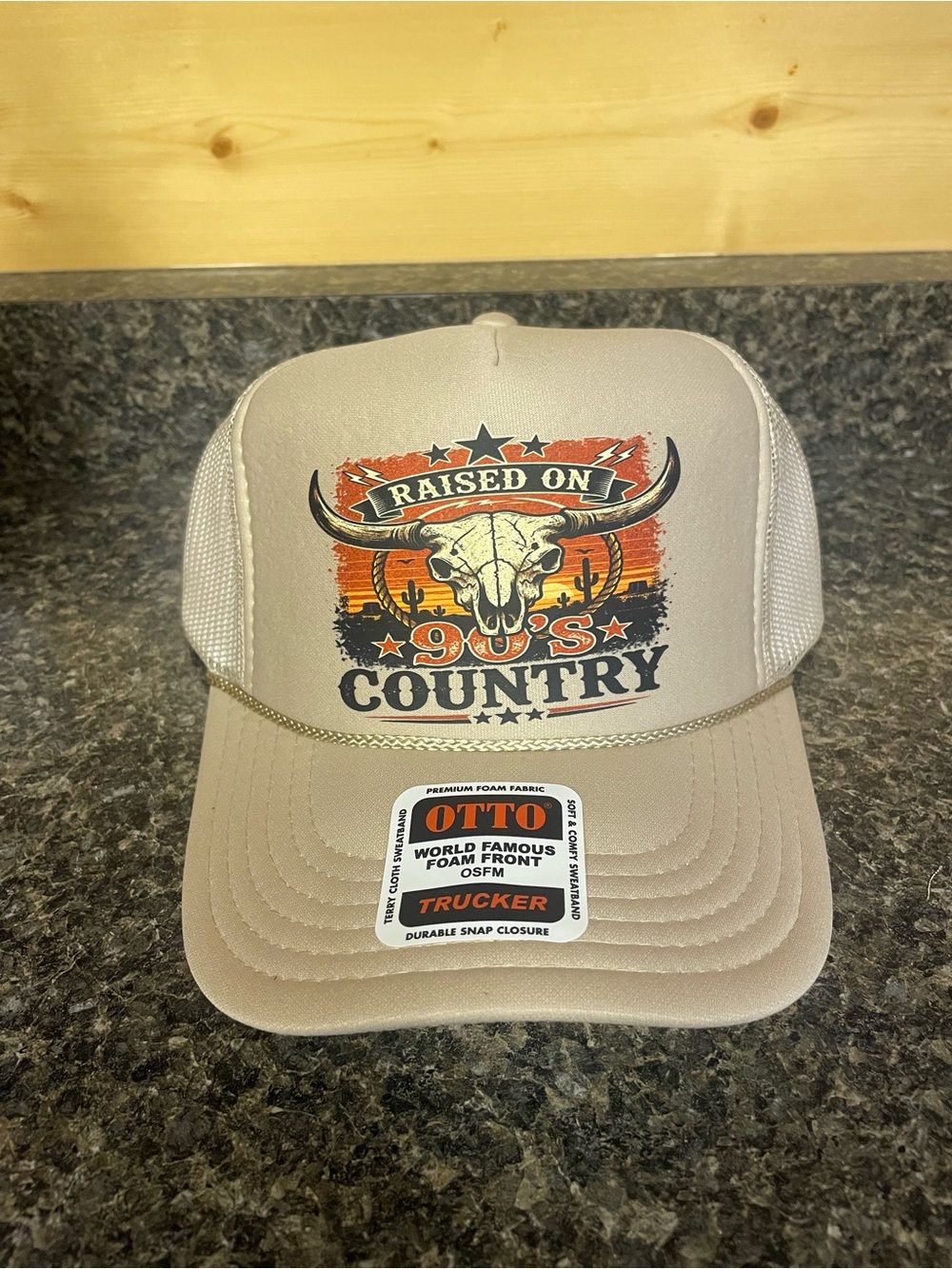OTTO Beige Trucker Hat with Country Skull Graphic